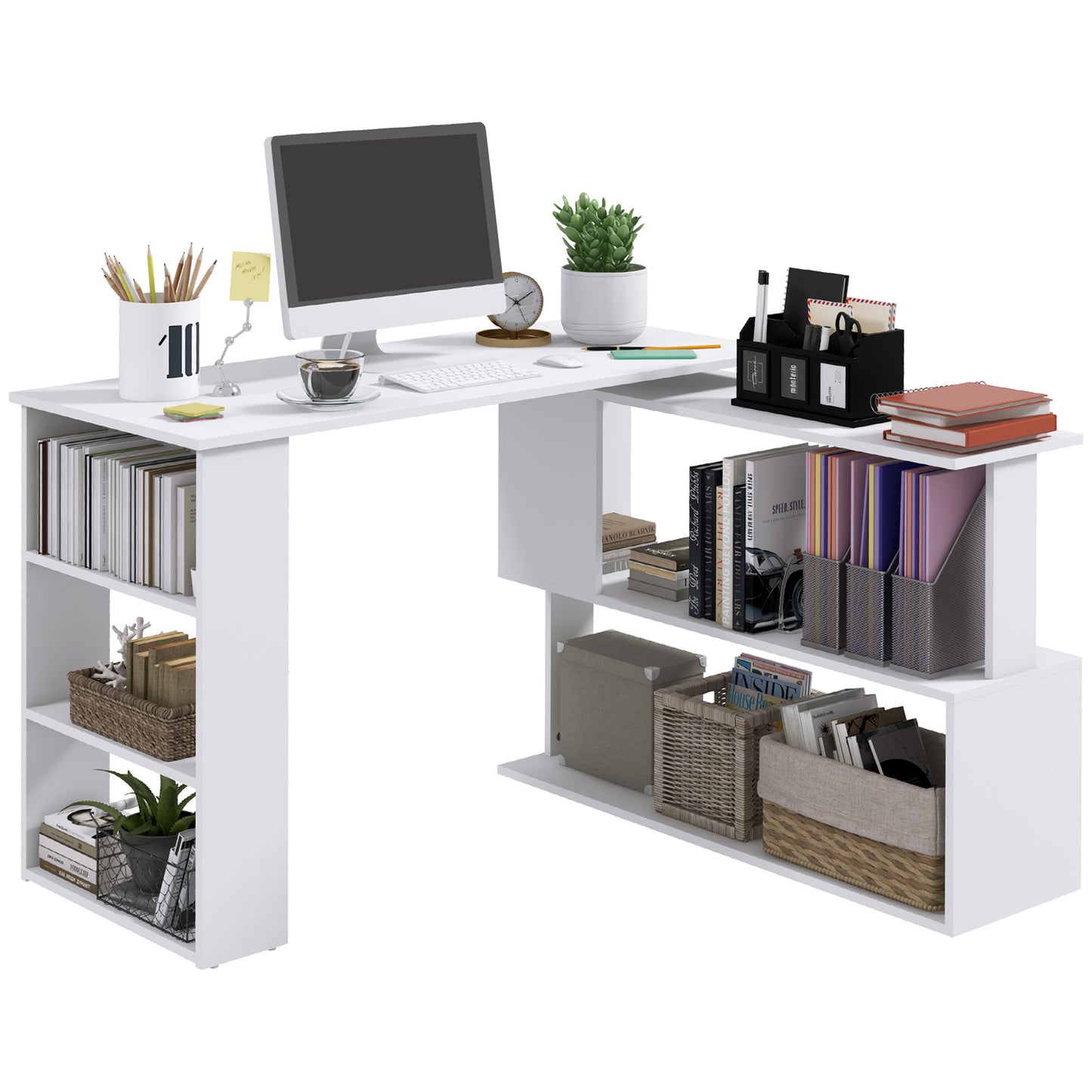 360  Rotating Home Office Desk L Shaped Corner Computer Desk With Storage Shelves, Writing Table Workstation, White