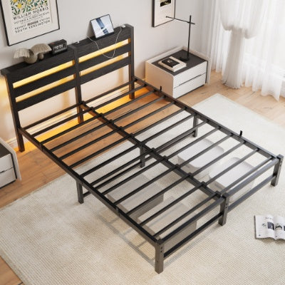 Queen Metal Platform Bed Frame with Wooden Headboard, RGB LED Lights & Charging Station