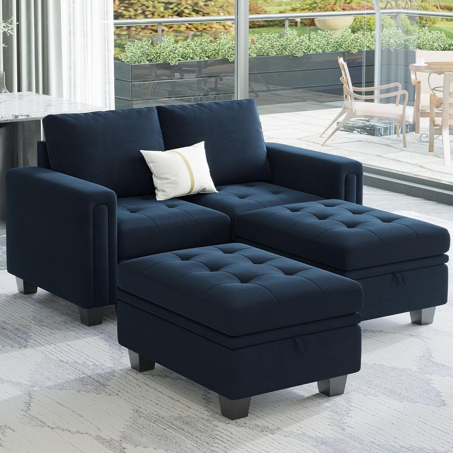 Velvet Modular Sectional Sofa Couch with Storage Convertible Sectional Sleeper Sofa Couch Bed Set with Reversible Chaise Blue