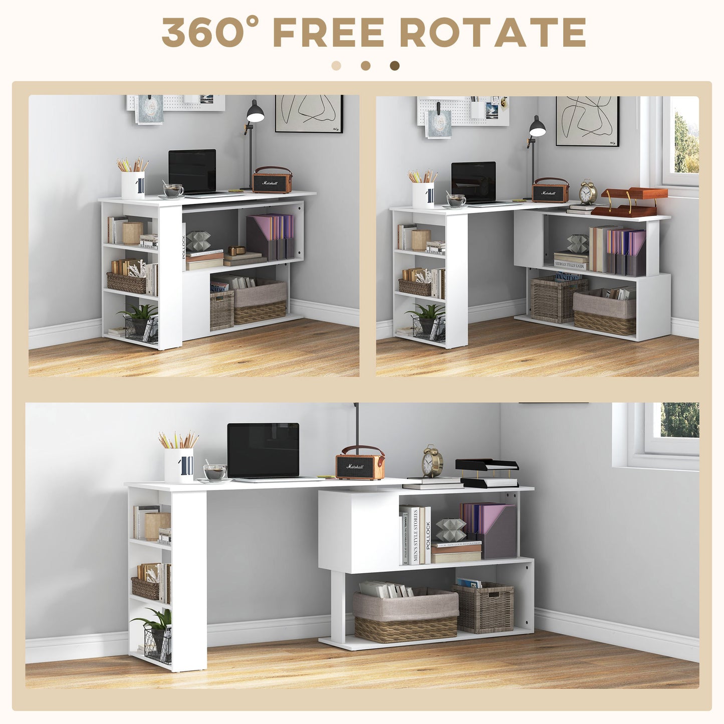360  Rotating Home Office Desk L Shaped Corner Computer Desk With Storage Shelves, Writing Table Workstation, White