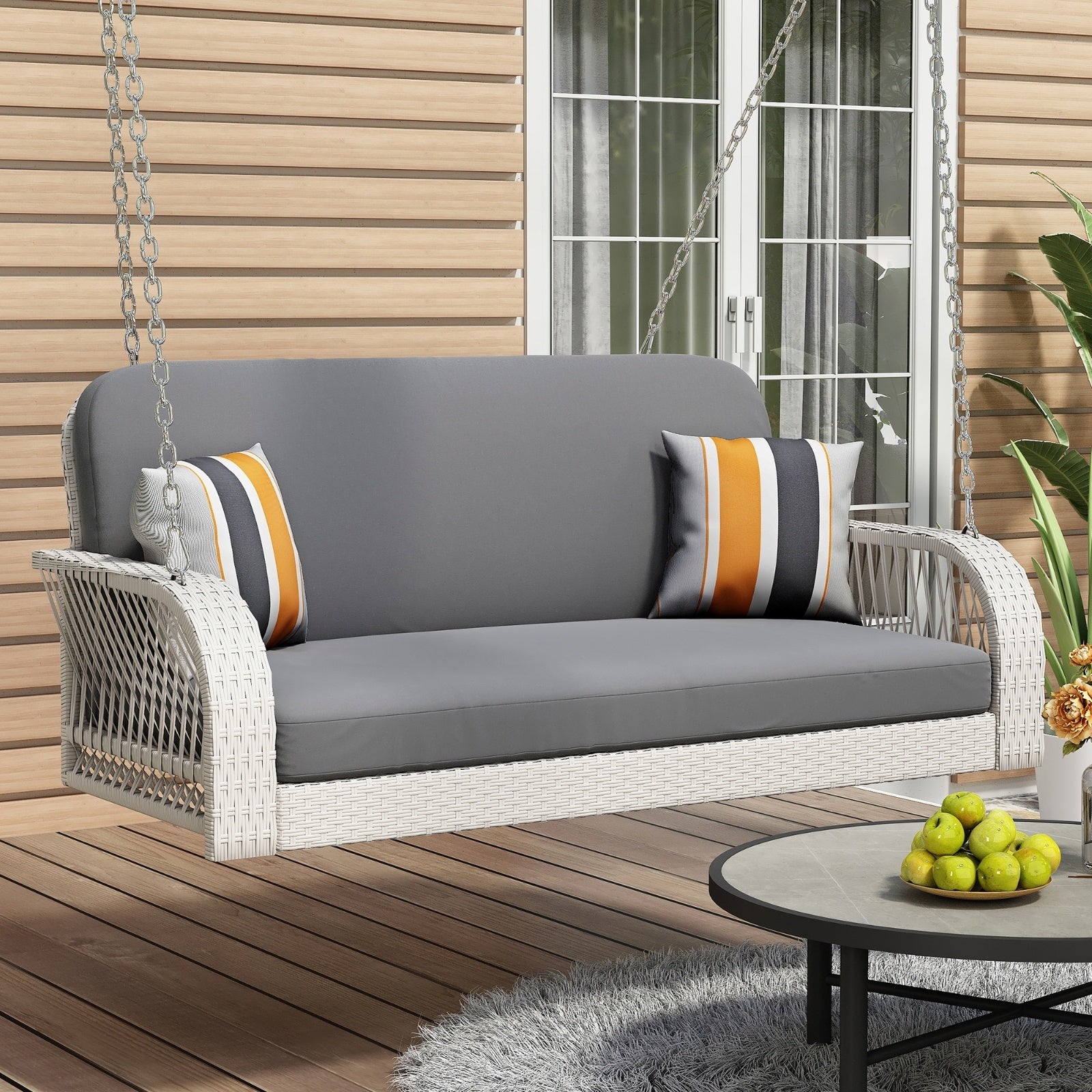 2-Seater Wicker Porch Swing with Chains & Cushions