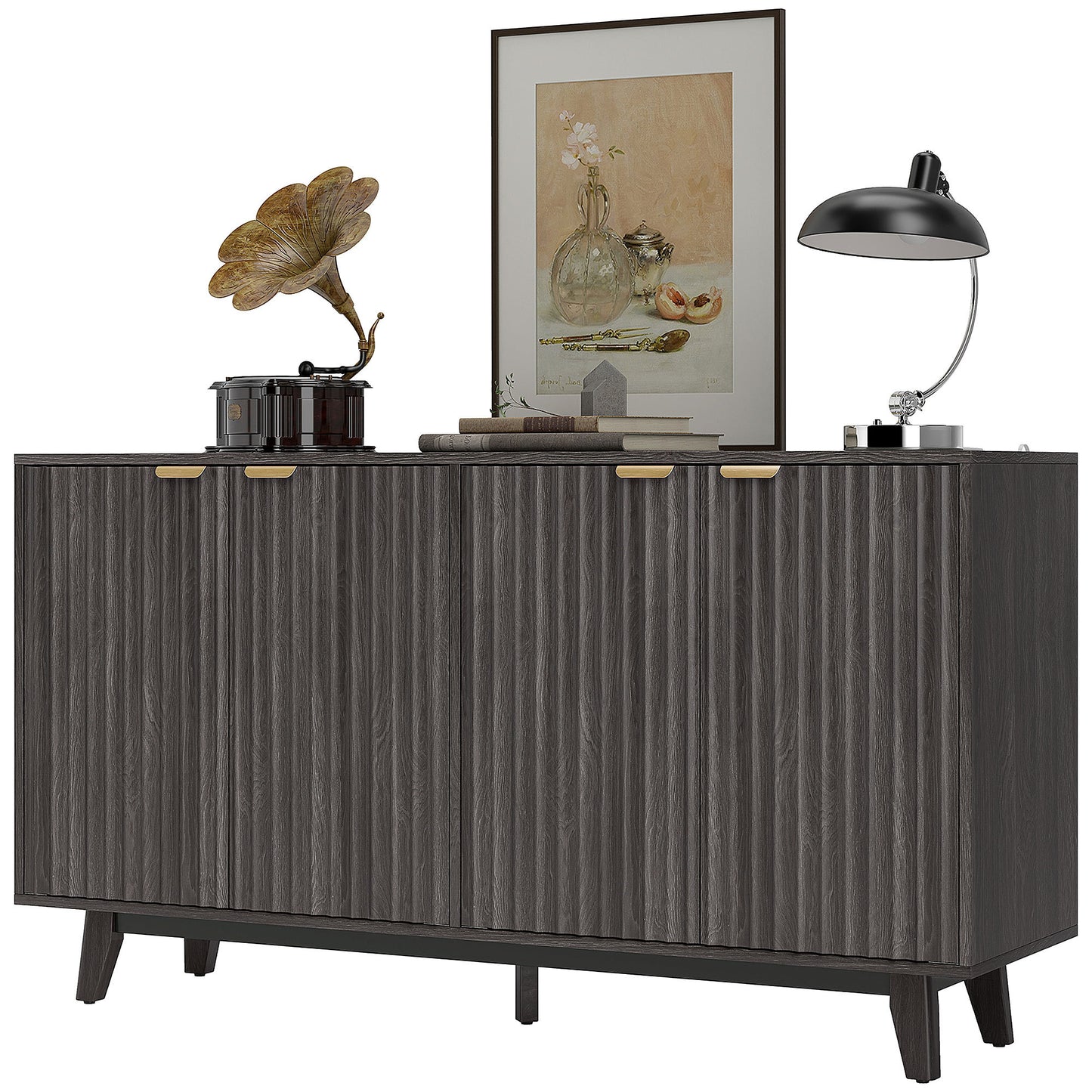 Fluted Sideboard Buffet Cabinet, 55 Coffee Bar Cabinet With 4 Doors, 2 Adjustable Shelves, 5 Wood Legs, Dark Gray