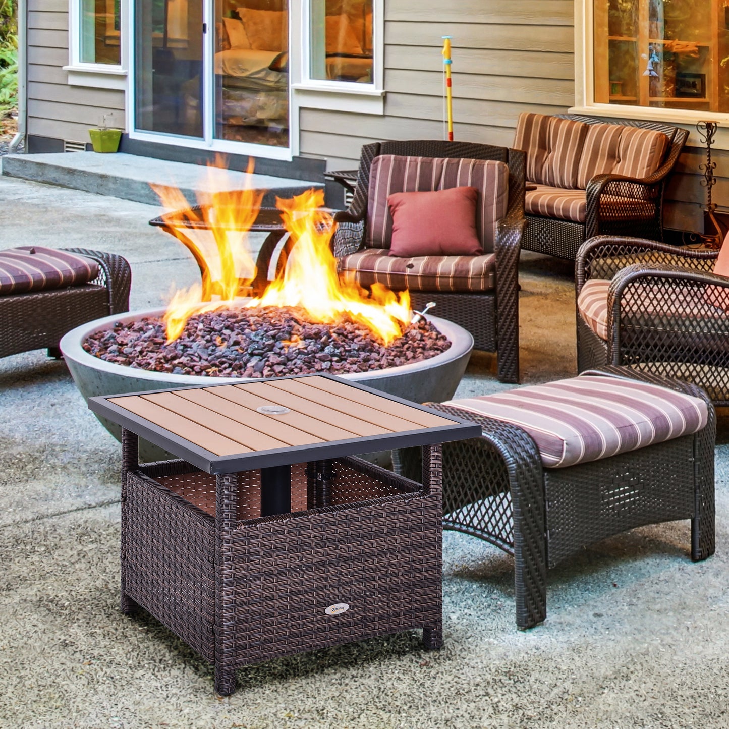 Rattan Wicker Outdoor Accent Table With Patio Umbrella Hole, Convenient For Garden