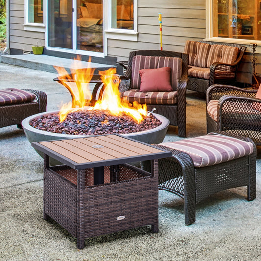 Rattan Wicker Outdoor Accent Table With Patio Umbrella Hole, Convenient For Garden