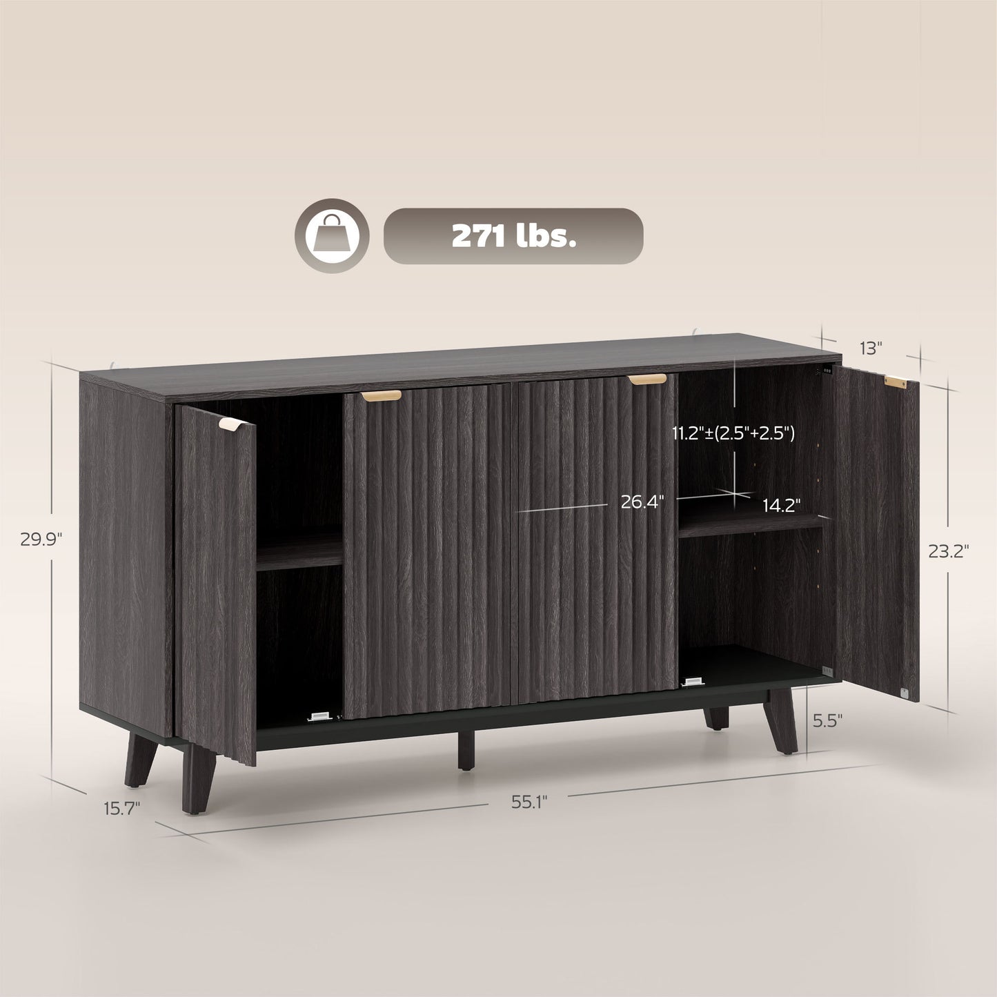 Fluted Sideboard Buffet Cabinet, 55 Coffee Bar Cabinet With 4 Doors, 2 Adjustable Shelves, 5 Wood Legs, Dark Gray