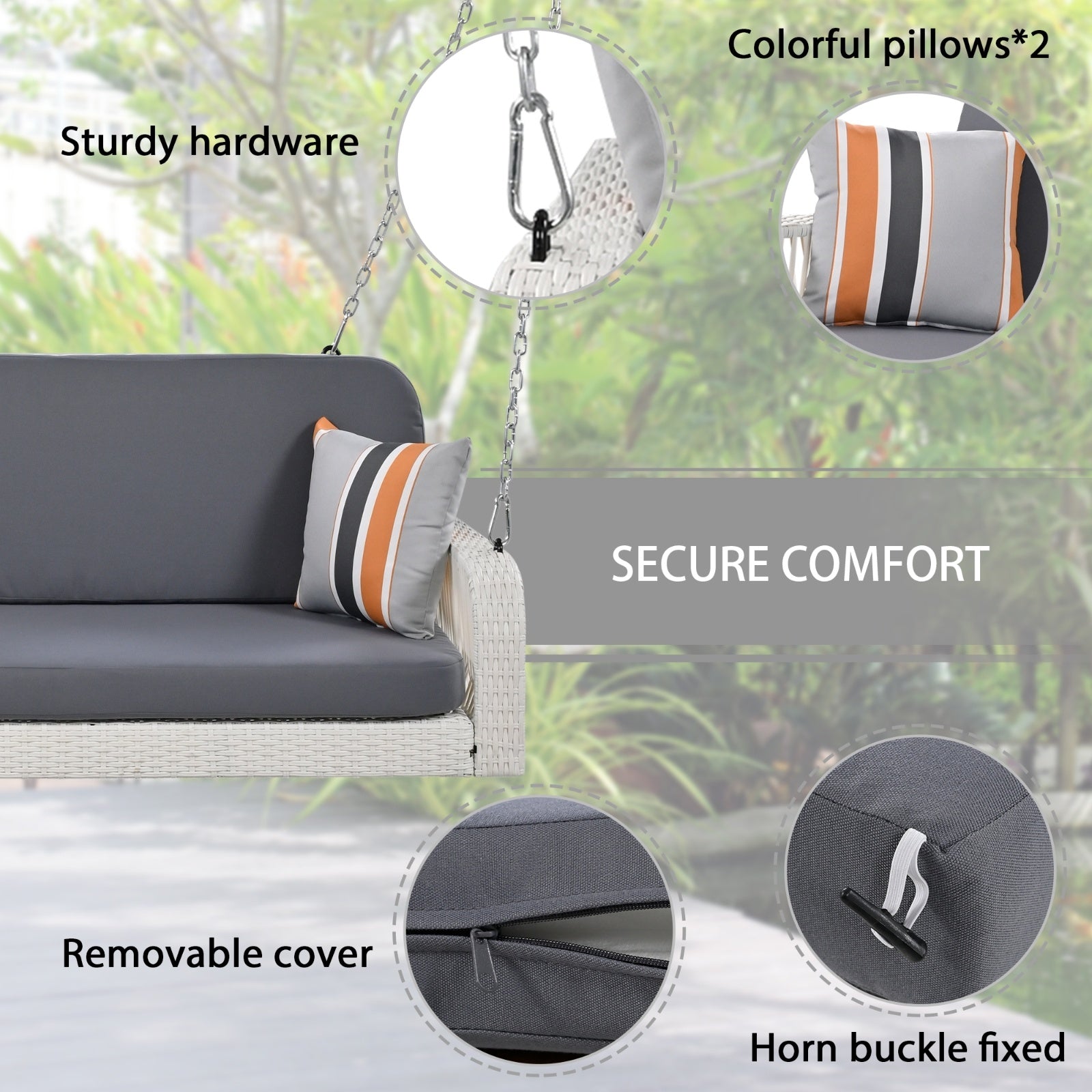 2-Seater Wicker Porch Swing with Chains & Cushions